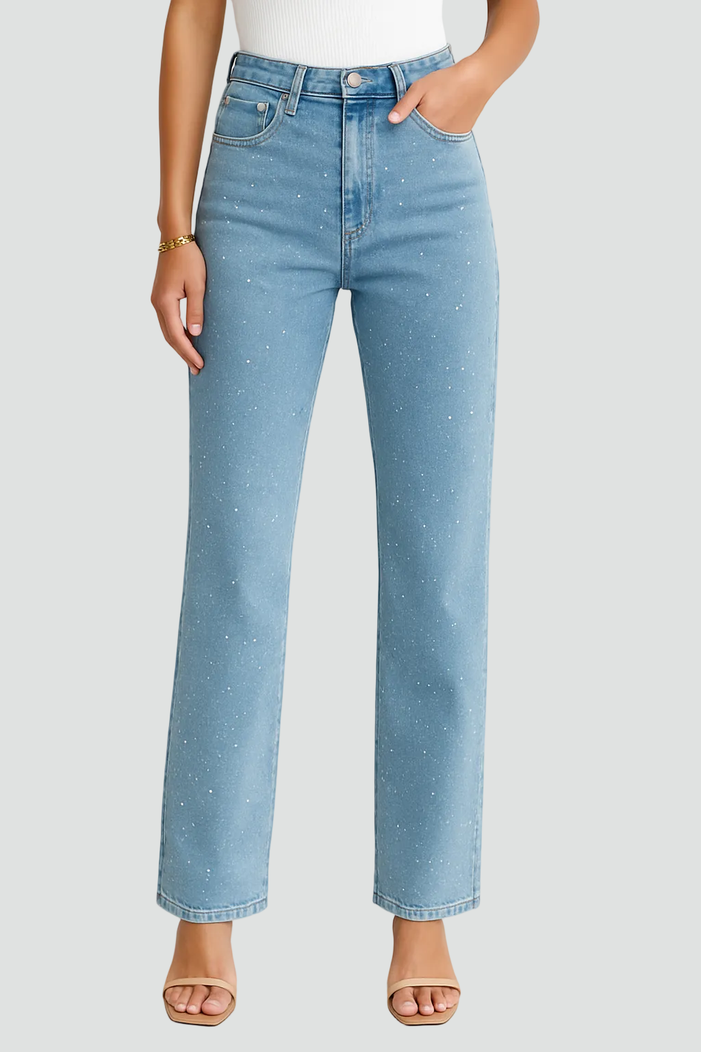 High Waist Wide Leg Jeans Met Strass Voor Vrouwen