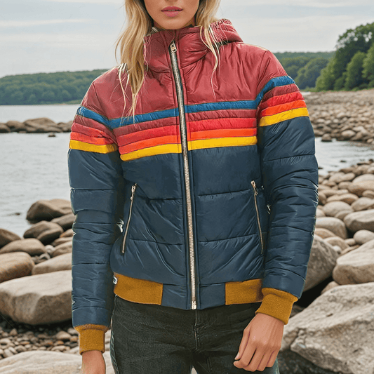 Sportieve Winterse Jas met Retro Colourblock voor Dames