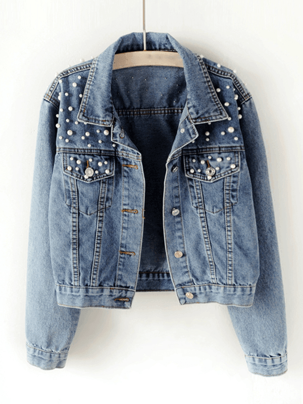 Sophia - Casual Denim Jas met Parelstuds en Klassieke Kraag voor Dames