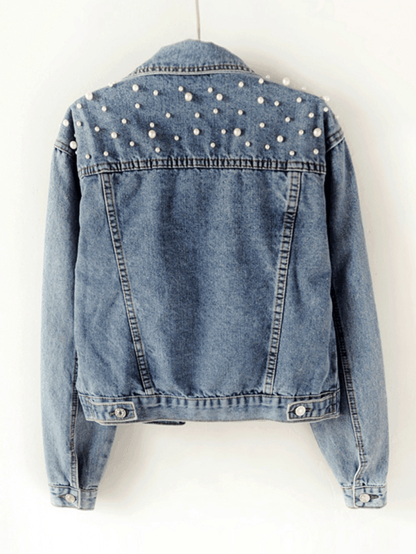 Sophia - Casual Denim Jas met Parelstuds en Klassieke Kraag voor Dames