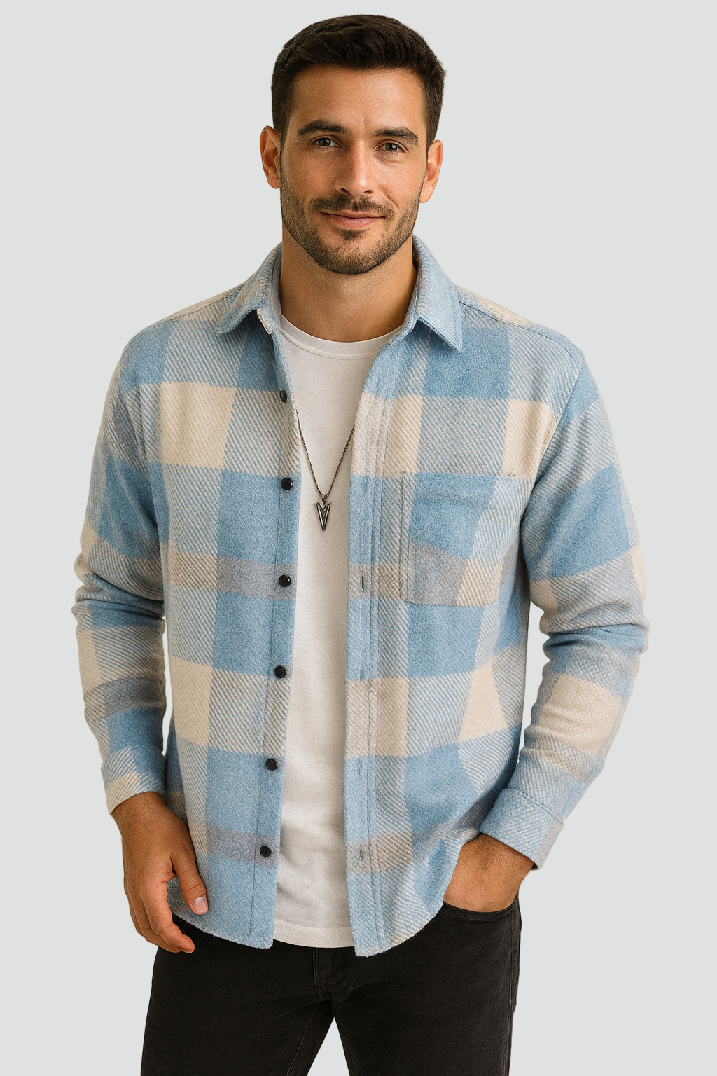 Warme Lichtblauw Geruit Flannel Overshirt voor Heren