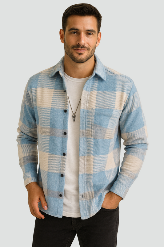 Warme Lichtblauw Geruit Flannel Overshirt voor Heren