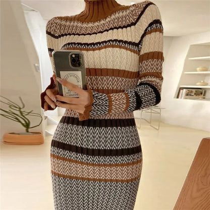 Elegante Gebreide Midi Jurk voor Vrouwen Winterse Trui Jurk
