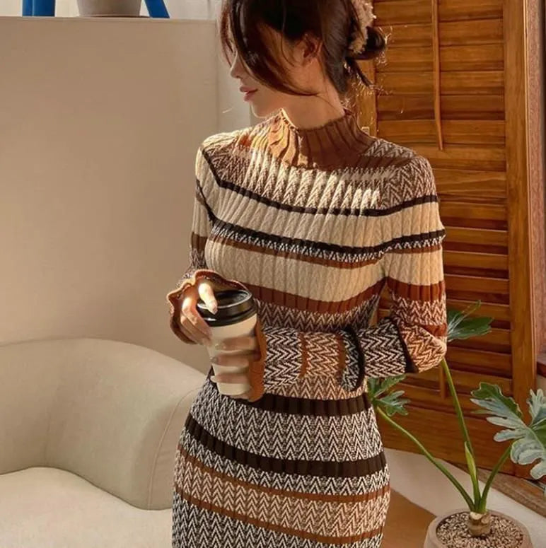 Elegante Gebreide Midi Jurk voor Vrouwen Winterse Trui Jurk