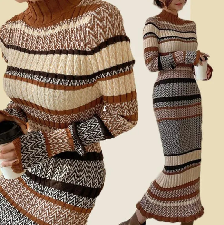 Elegante Gebreide Midi Jurk voor Vrouwen Winterse Trui Jurk