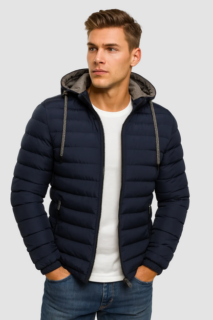 Lichte heren pufferjas met capuchon en ritssluiting