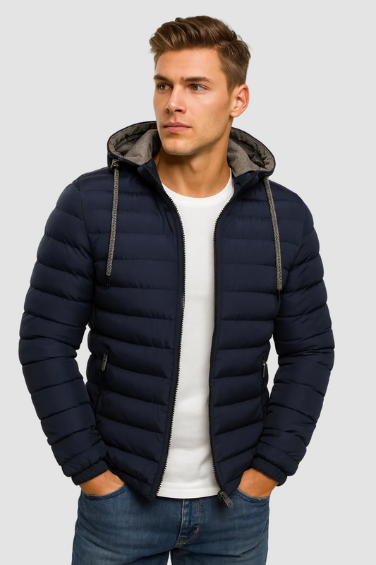 Lichte heren pufferjas met capuchon en ritssluiting