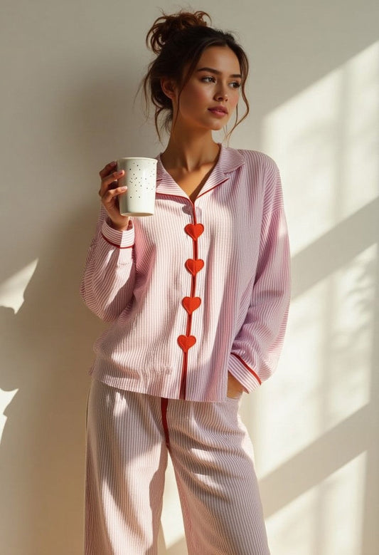 Zachte Pyjama Set Voor Vrouwen Lange Mouw Met Hartjes Knopen