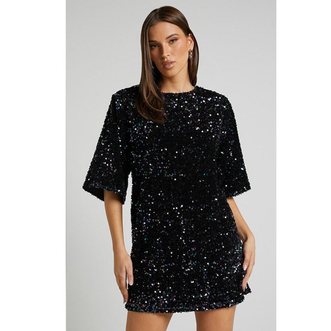 Pailletten Chique Dames Mini Glitter Cocktailjurk Open Rug