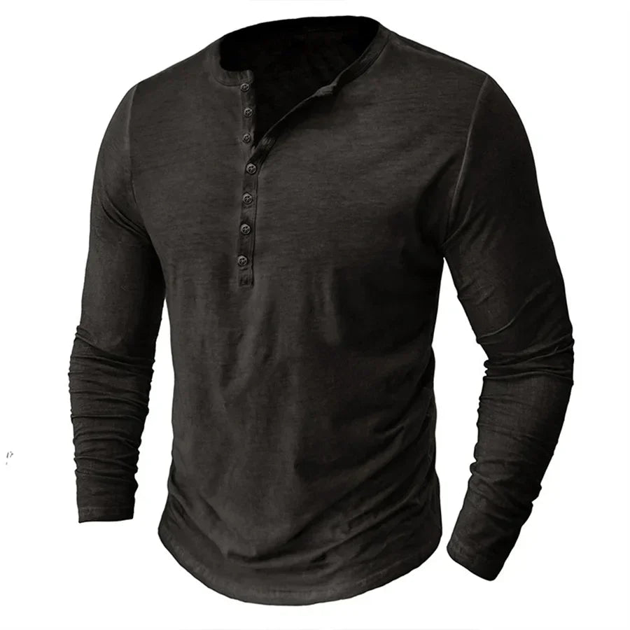 Heren Casual Henleyshirt Met Lange Mouwen En Knoopsluiting