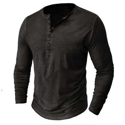 Heren Casual Henleyshirt Met Lange Mouwen En Knoopsluiting
