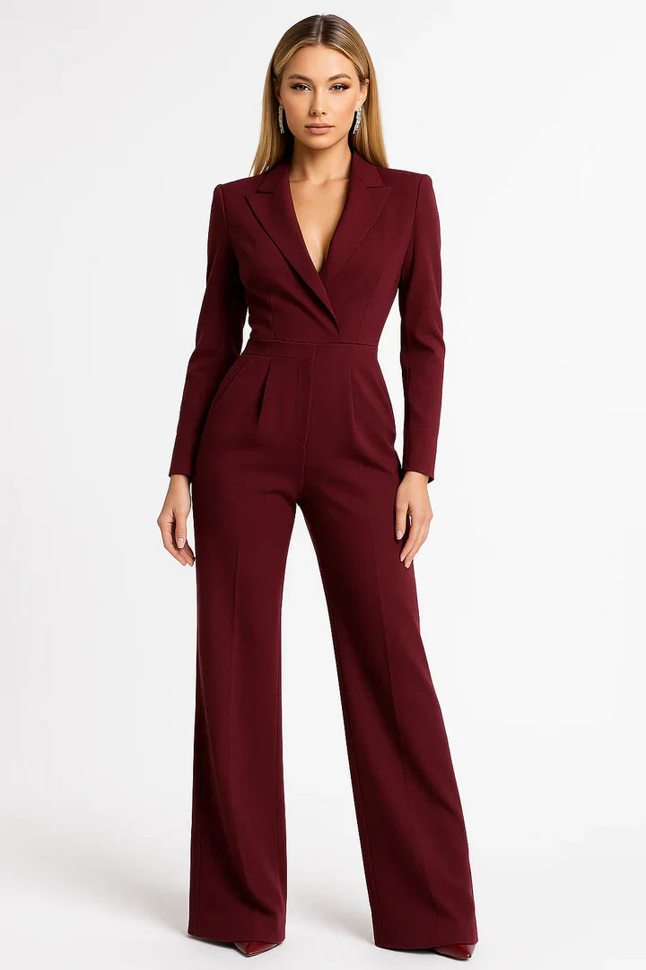 Elegante Dames Jumpsuit met Reverskraag en Lange Pijpen