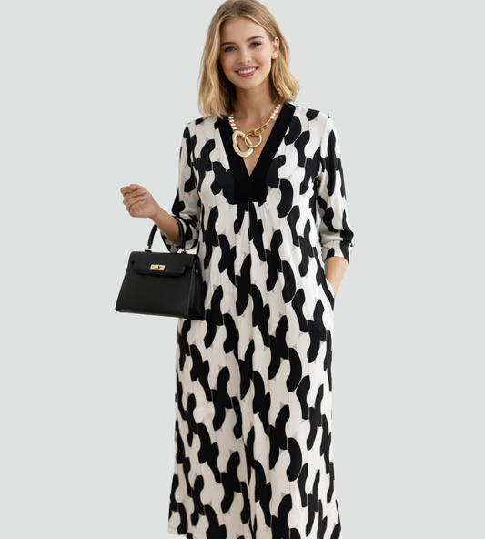 Elegante Maxi Jurk Met V-Hals En 3/4 Mouwen Voor Vrouwen