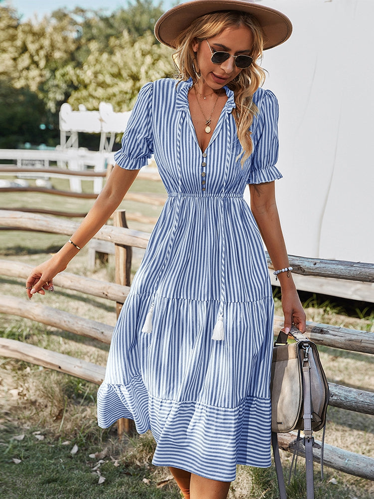 Leona - Gestreepte Boho Maxi Jurk met ruches voor dames