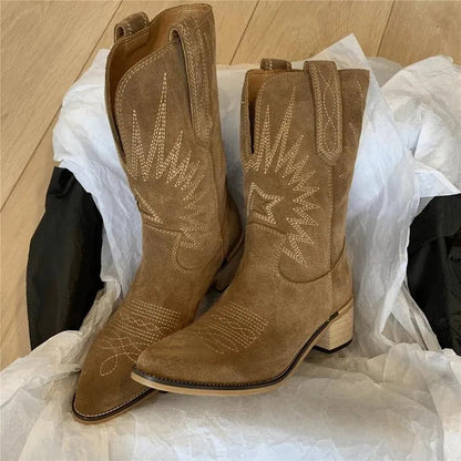 Dames Cowboylaarzen Western met Puntneus Blokhak en Stikseldetails