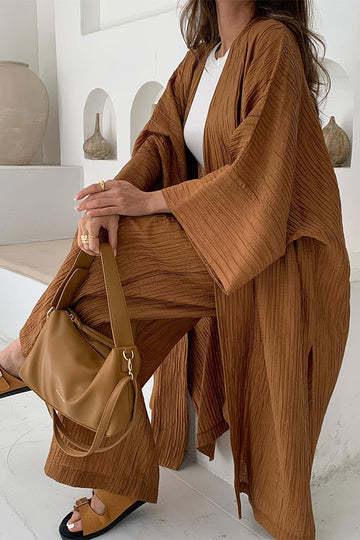 Amaliah - Relaxed beige tweedelige set met tunnelkoord en losse blouse voor dames