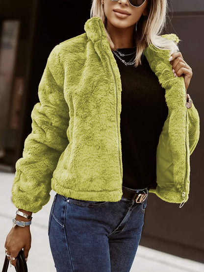 Oversized Teddy Fleece Jas Dames Met Rits En Hoge Kraag