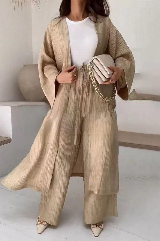 Amaliah - Relaxed beige tweedelige set met tunnelkoord en losse blouse voor dames