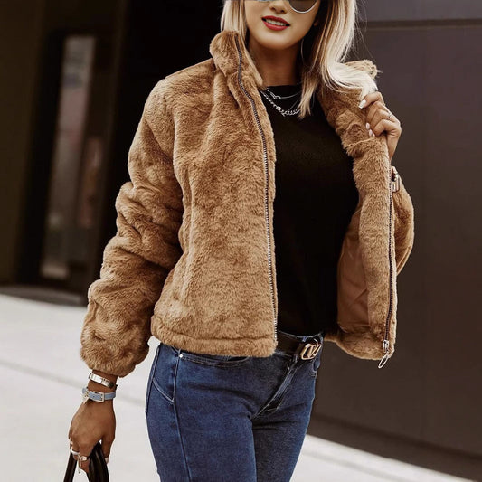 Oversized Teddy Fleece Jas Dames Met Rits En Hoge Kraag