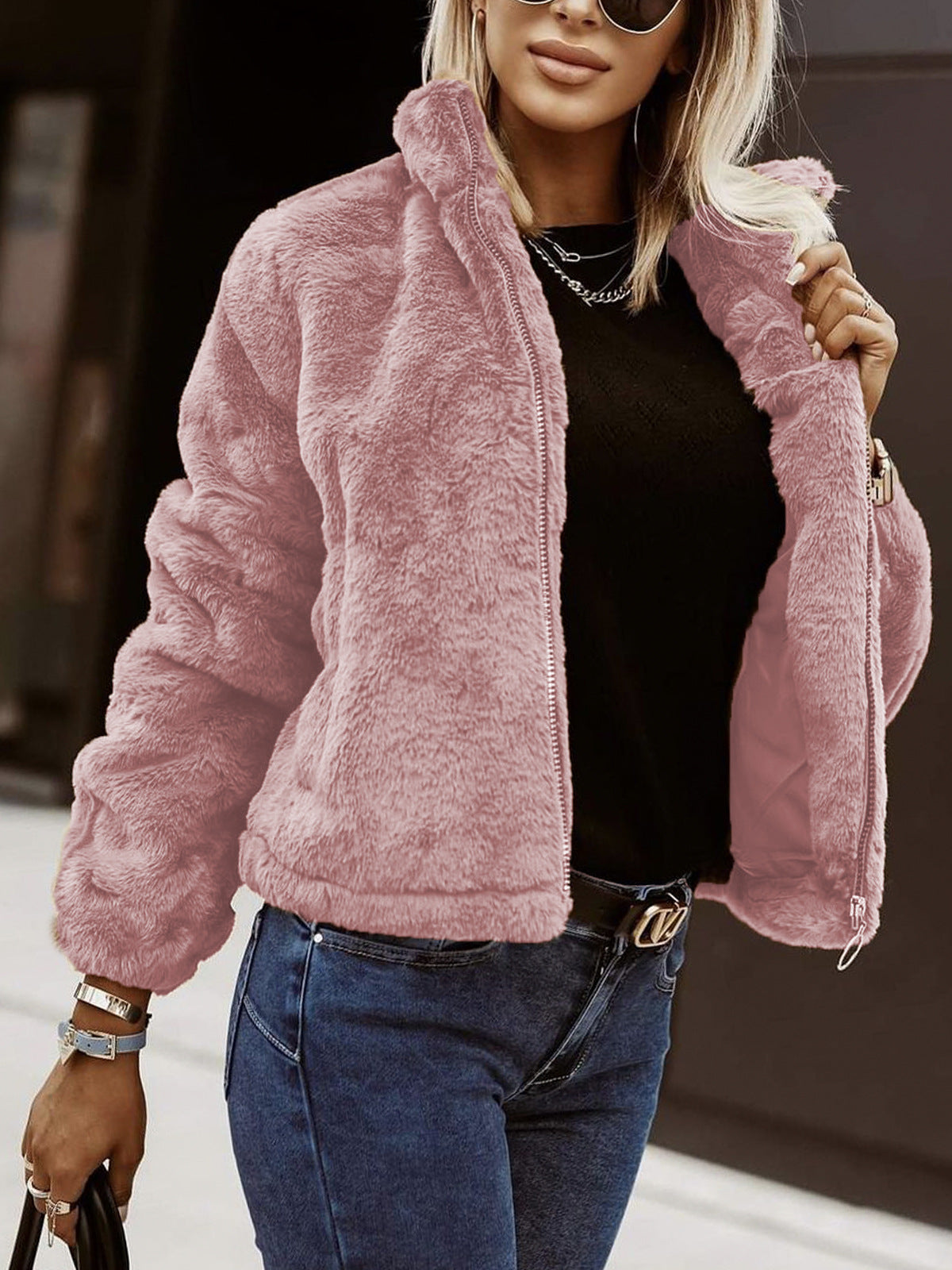 Oversized Teddy Fleece Jas Dames Met Rits En Hoge Kraag
