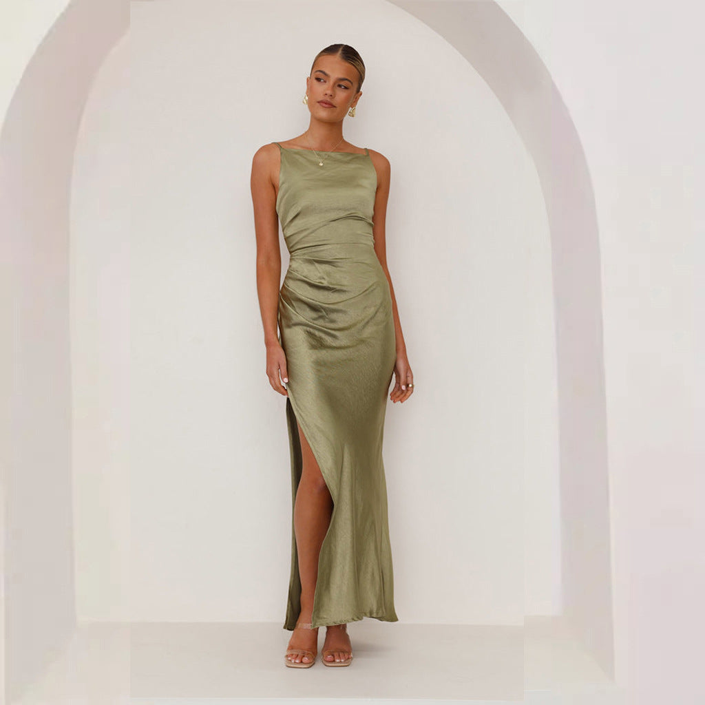 Stefania - Satijnen Maxi Jurk met Zijsplit en Gedrapeerde Taille