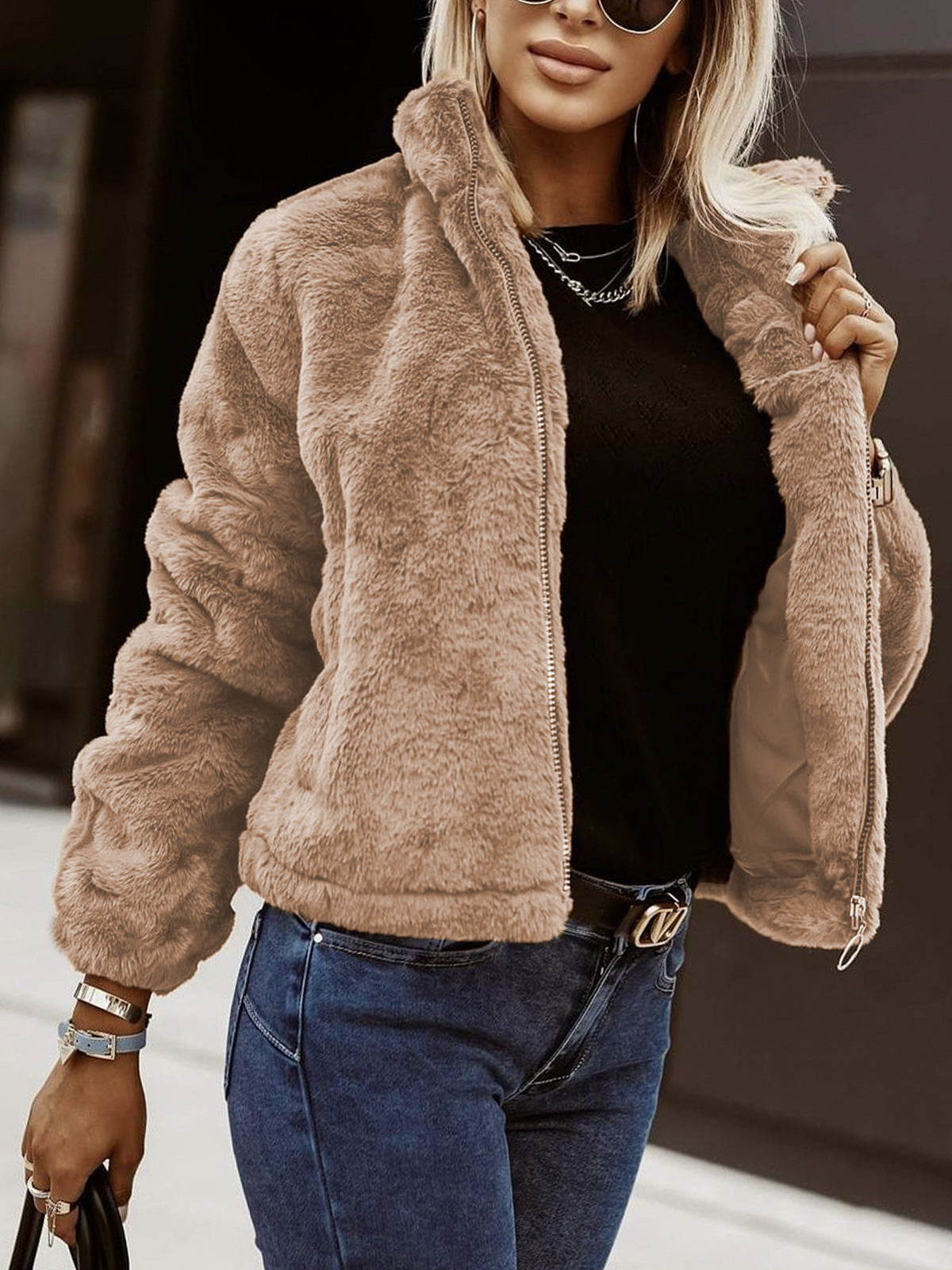 Oversized Teddy Fleece Jas Dames Met Rits En Hoge Kraag