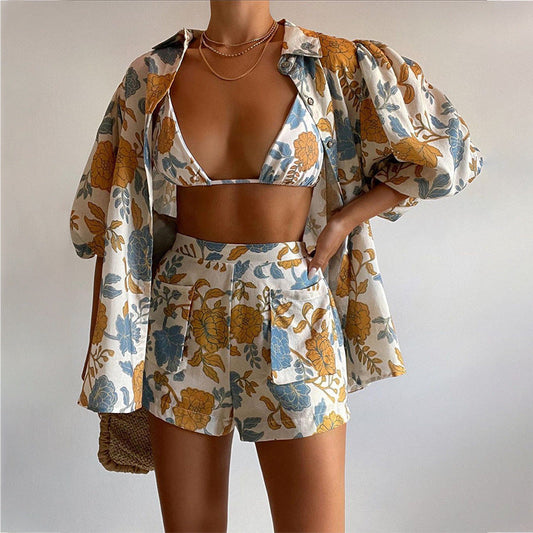 Alessa - 3-delige Bloemen Set met Shorts en Shirt voor Dames