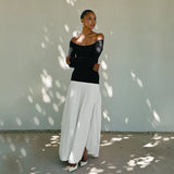 Irena - Off-Shoulder Maxi Jurk met Strak Topje en Geplooide Rok