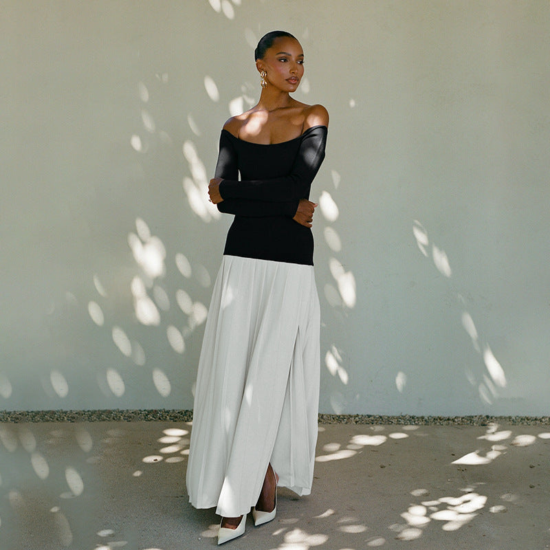 Irena - Off-Shoulder Maxi Jurk met Strak Topje en Geplooide Rok