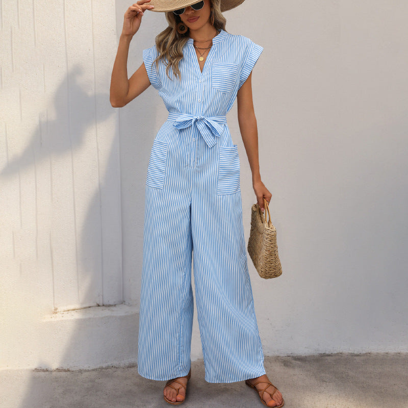 Corinne - Gestreepte Jumpsuit met V-Hals en Strikceintuur