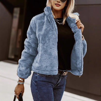 Oversized Teddy Fleece Jas Dames Met Rits En Hoge Kraag