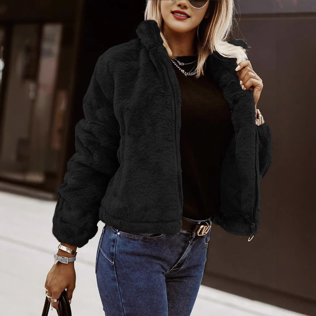 Oversized Teddy Fleece Jas Dames Met Rits En Hoge Kraag