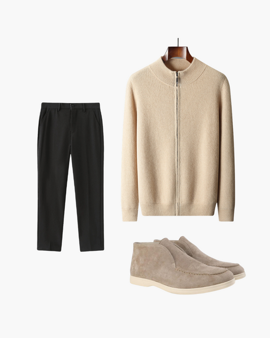 Elegante 3 Delige Gebreide Rits Cardigan Broek en Suède Boots voor Heren