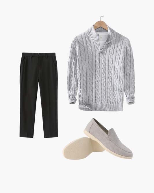 Stijlvolle Heren 3 Delige Set Half Zip Kabeltrui met Broek en Suède Loafers