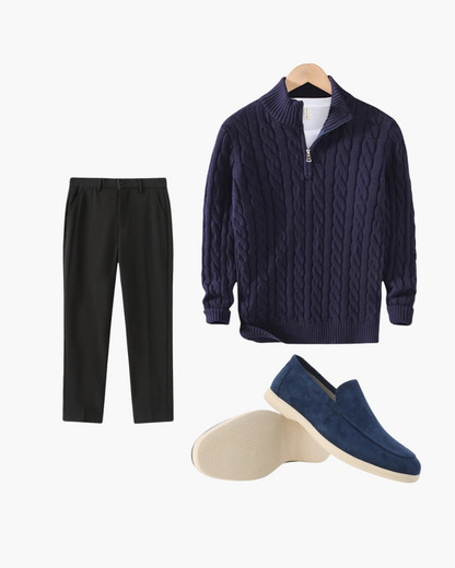 Heren 3 Delige Set Half Zip Trui met Broek en Loafers