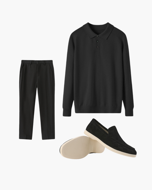 Stijlvolle Heren 3 Delige Set Polo met Lange Mouwen Broek en Suède Loafers