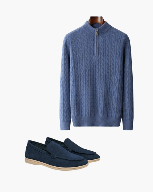 Half Zip Kabeltrui met Suède Loafers 2 Delige Set Comfortabel en Stijlvol