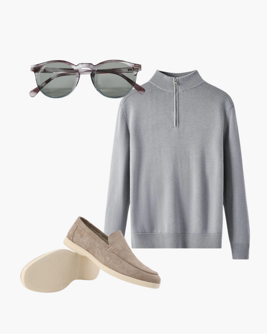 Tijdloze 3 Delige Set met Ronde Zonnebril Suède Loafers en Half Zip Trui Lichtgewicht