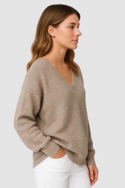Oversized Beige Trui met V-Hals voor Dames