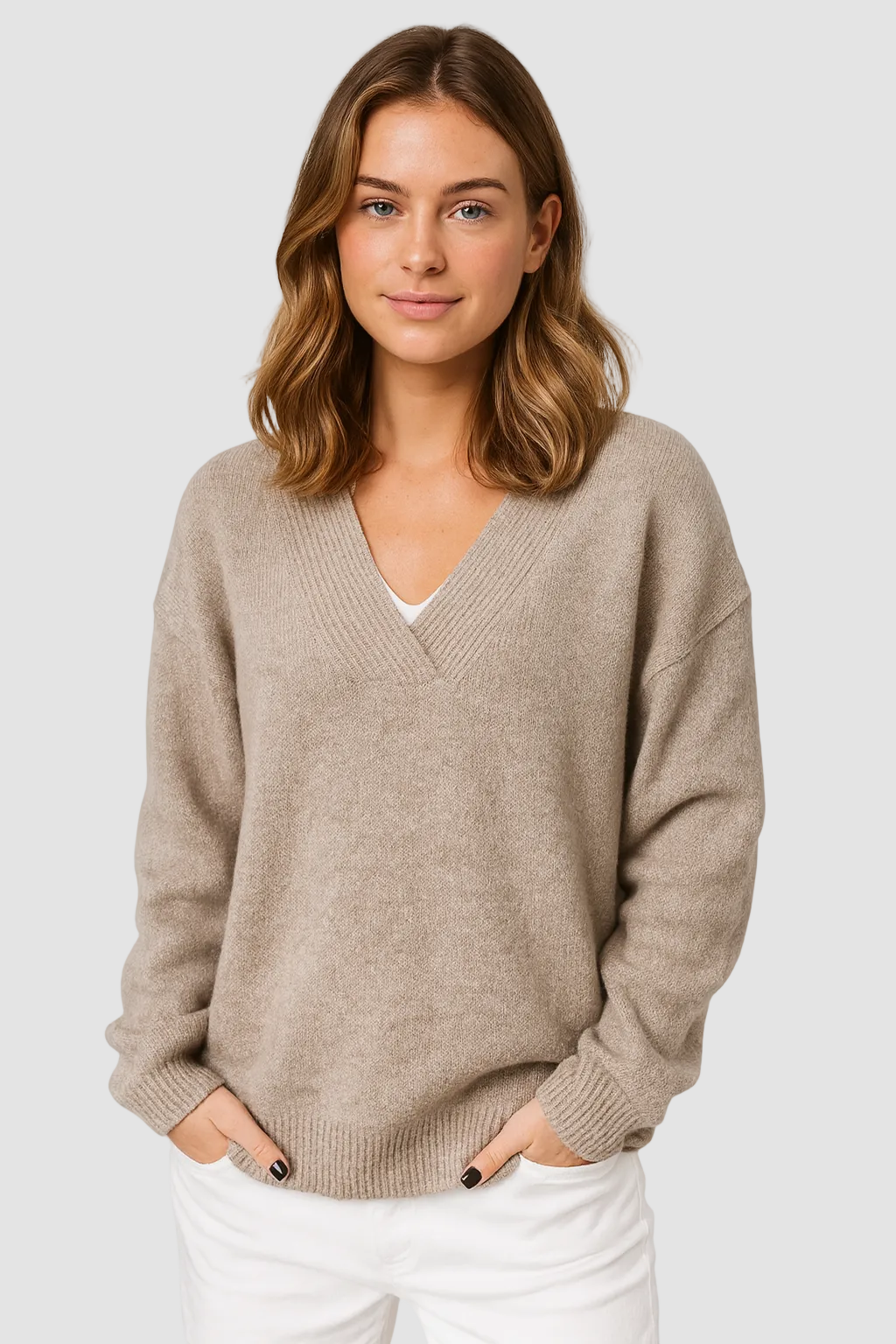 Oversized Beige Trui met V-Hals voor Dames