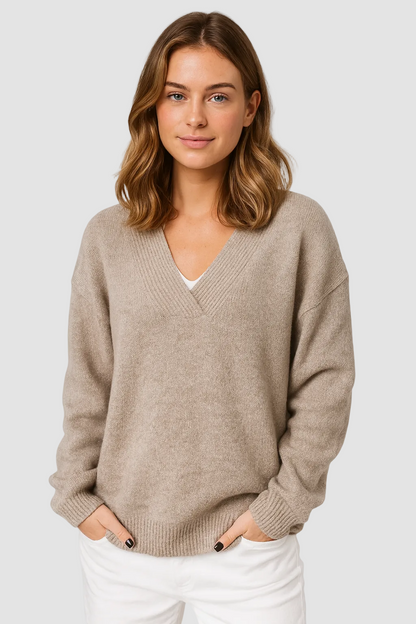 Oversized Beige Trui met V-Hals voor Dames