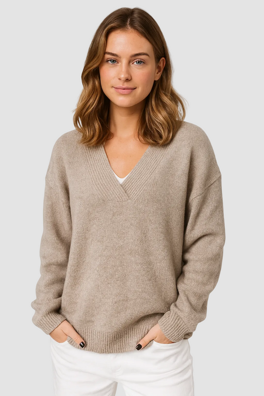 Oversized Beige Trui met V-Hals voor Dames