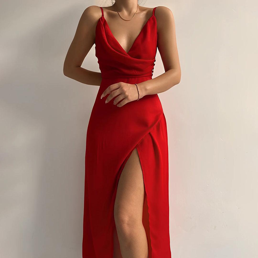 Livia – Satijnen Maxi Feestjurk met Hoge Split en Elegante Halslijn