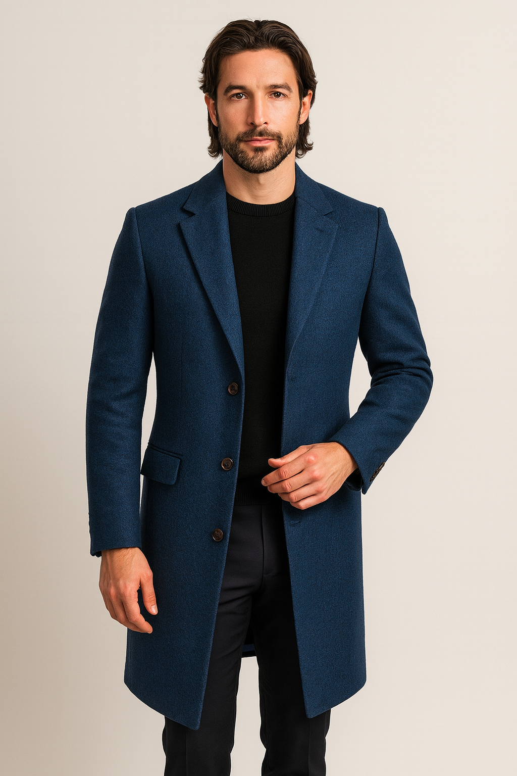 Elegante Lange Heren Manteljas met Klassieke Kraag en Knoopsluiting