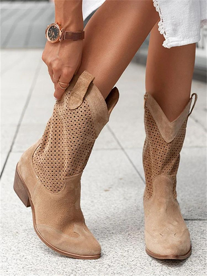 Xylara - Witte Geperforeerde Cowboylaarzen met Lage Hak voor Vrouwen
