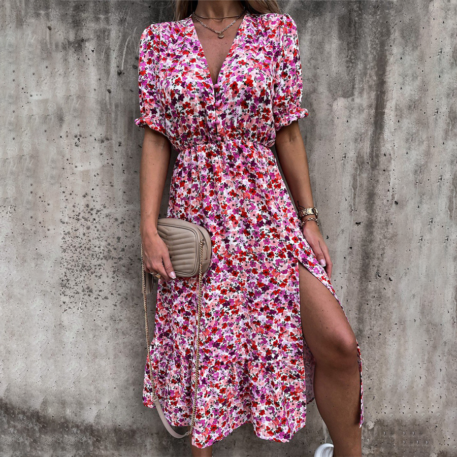 Belina - Bloemen Midi Jurk met Zijsplit voor Dames