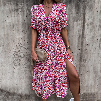 Belina - Bloemen Midi Jurk met Zijsplit voor Dames