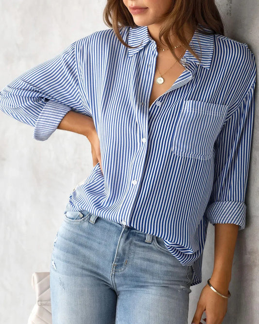 Gloria - Gestreepte Blouse met Knoopsluiting en Borstzak
