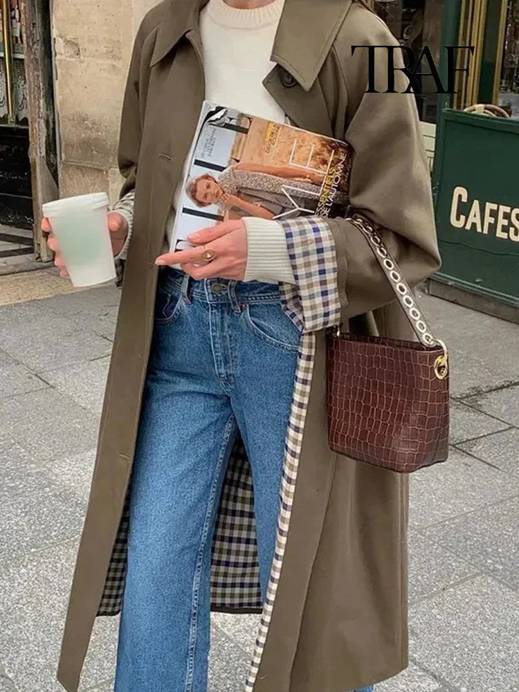 Lange Dames Trenchcoat met Geruitte Binnenvoering