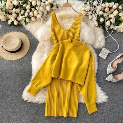 Elegante Vrouwen Gebreide Set Warme Crop Trui en Midi Rok